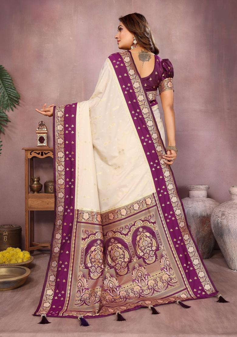 Off White Printed Silk Saree Set - Indya