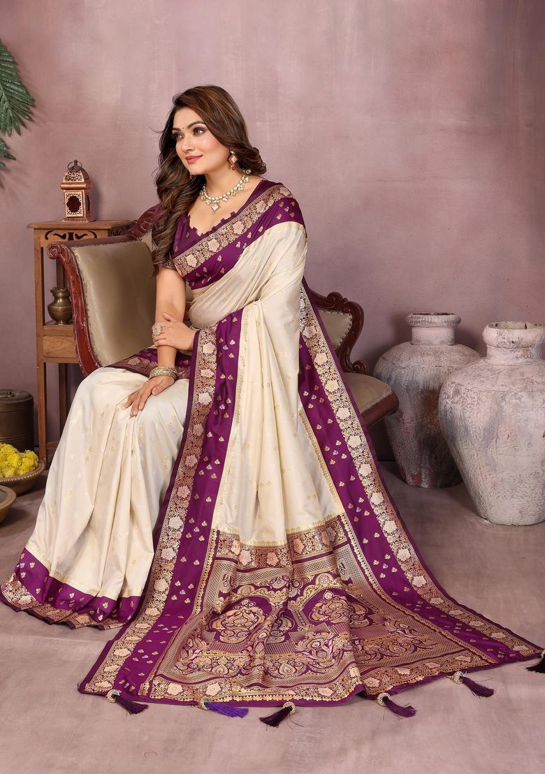 Off White Printed Silk Saree Set - Indya