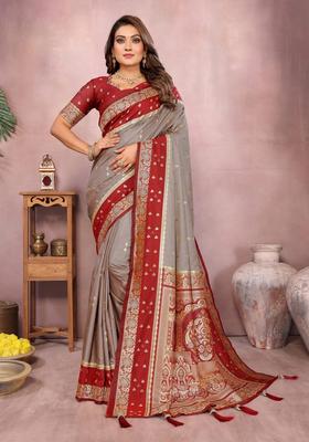 Grey Printed Silk Saree Set