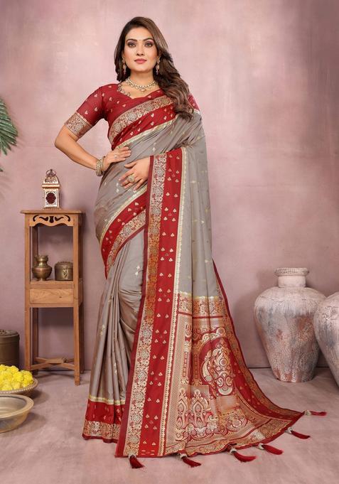 Grey Printed Silk Saree Set