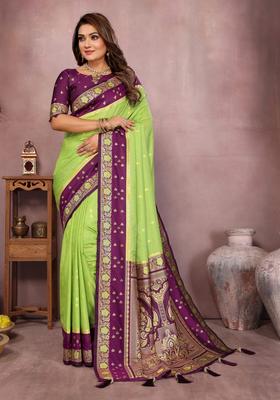 Green Printed Silk Saree Set