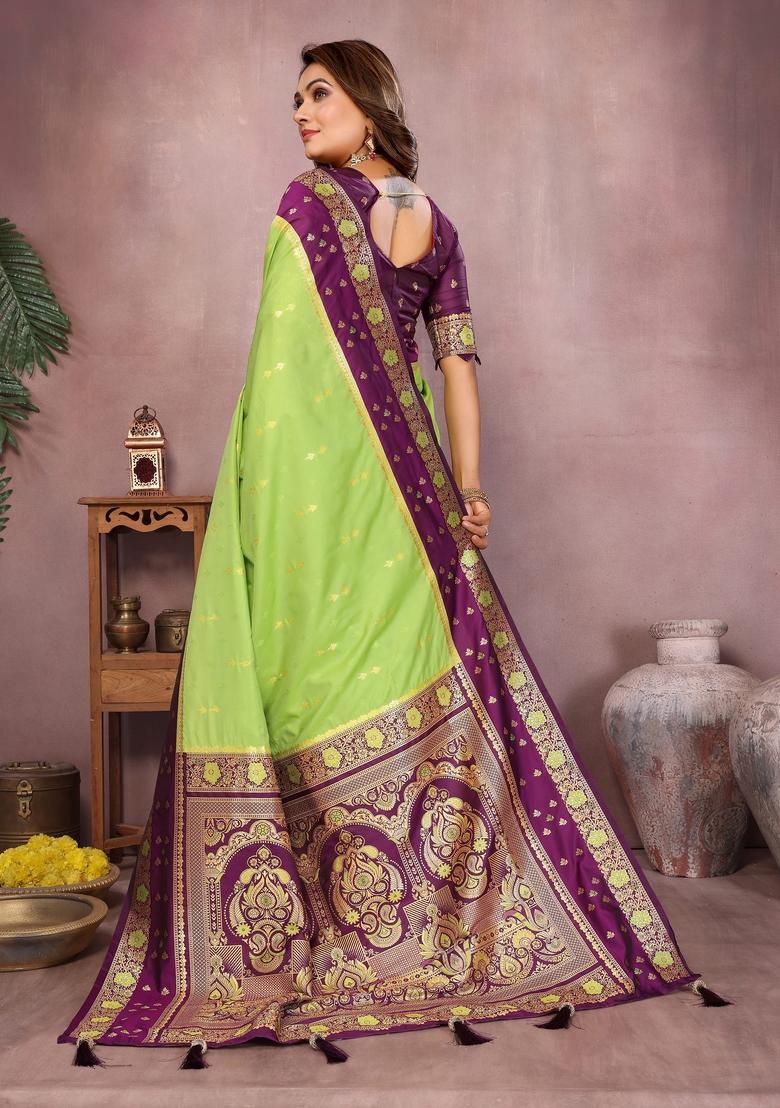Green Printed Silk Saree Set - Indya