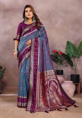 Blue Printed Silk Saree Set