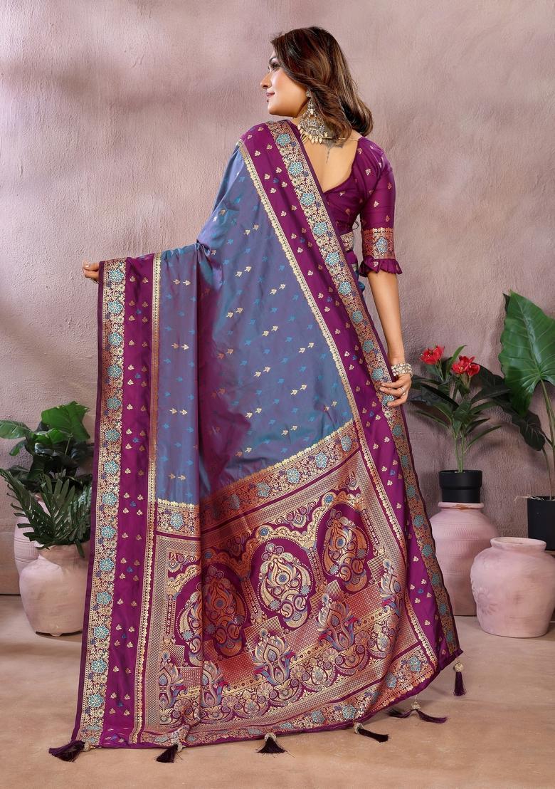 Blue Printed Silk Saree Set - Indya