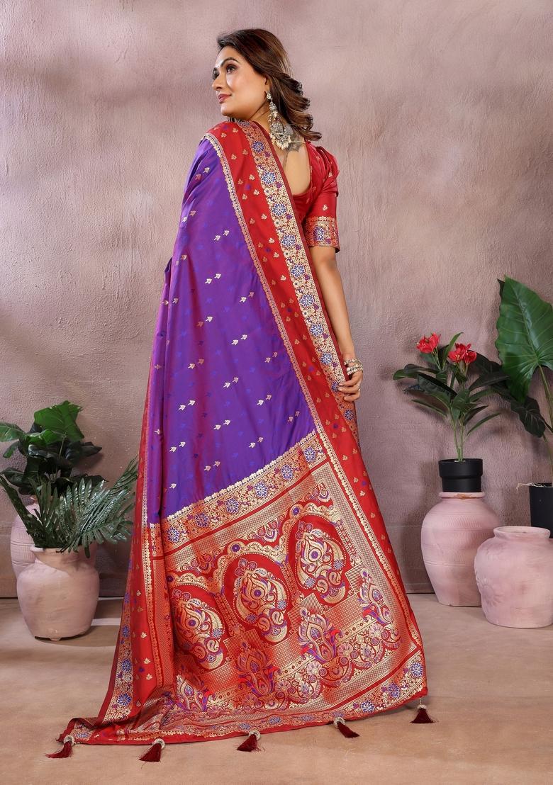 Lavender Printed Silk Saree Set - Indya