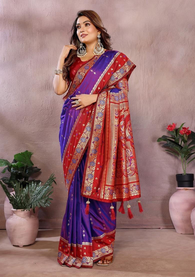 Lavender Printed Silk Saree Set - Indya