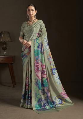 Grey Printed Silk Saree Set