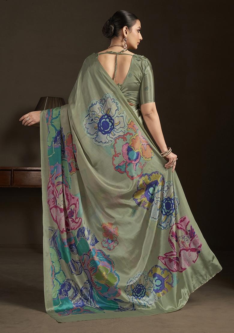Grey Printed Silk Saree Set - Indya
