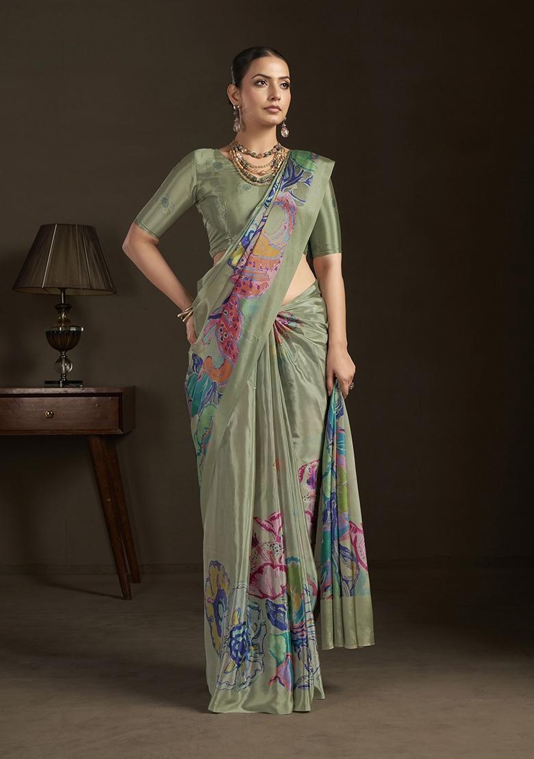 Grey Printed Silk Saree Set - Indya