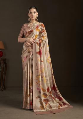 Peach Printed Silk Saree Set