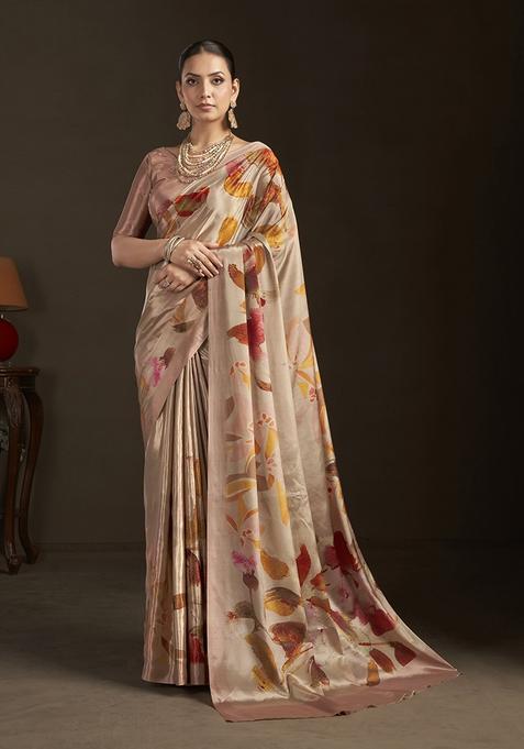 Peach Printed Silk Saree Set