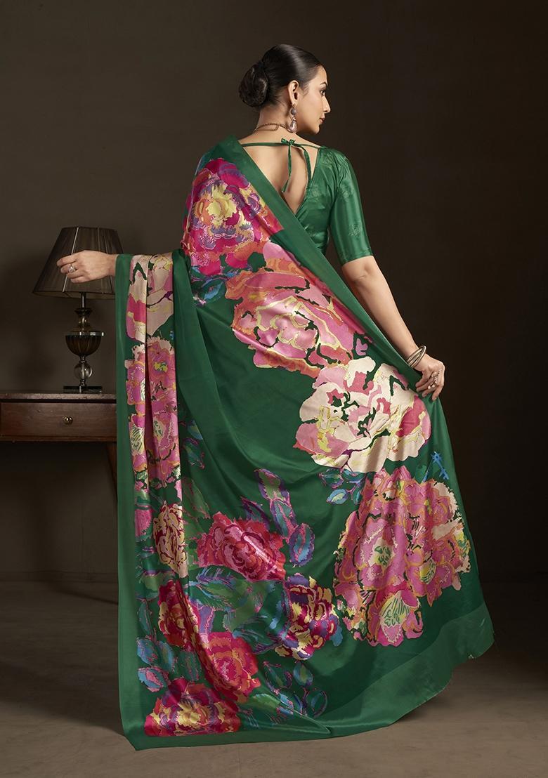 Green Printed Silk Saree Set - Indya