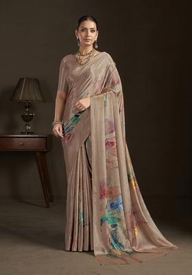 Beige Printed Silk Saree Set