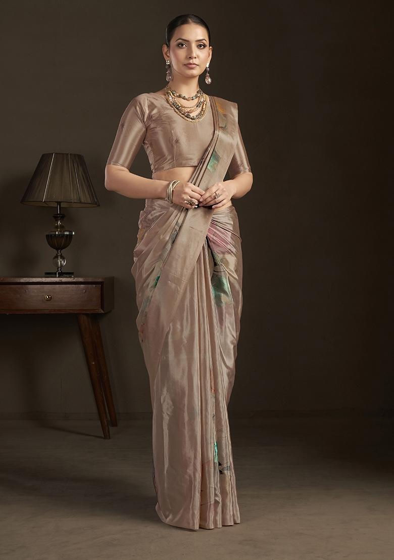 Beige Printed Silk Saree Set - Indya