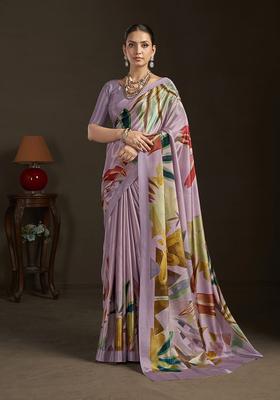 Purple Printed Silk Saree Set