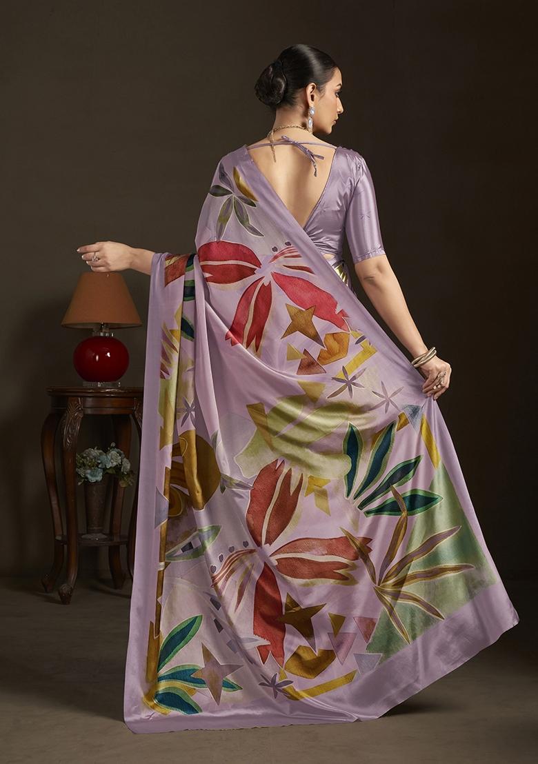 Purple Printed Silk Saree Set - Indya