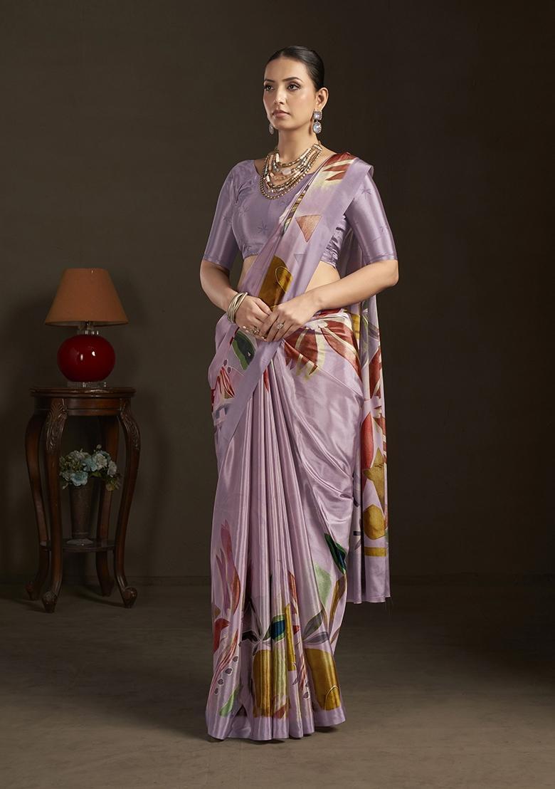 Purple Printed Silk Saree Set - Indya
