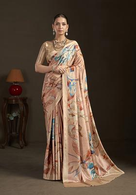 Peach Printed Silk Saree Set