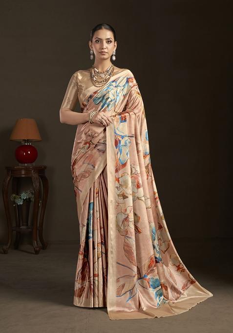 Peach Printed Silk Saree Set