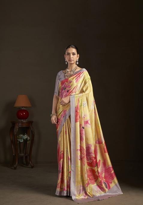 Yellow Printed Silk Saree Set