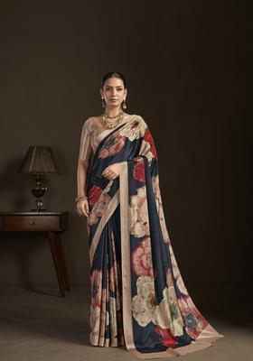 Black Printed Silk Saree Set