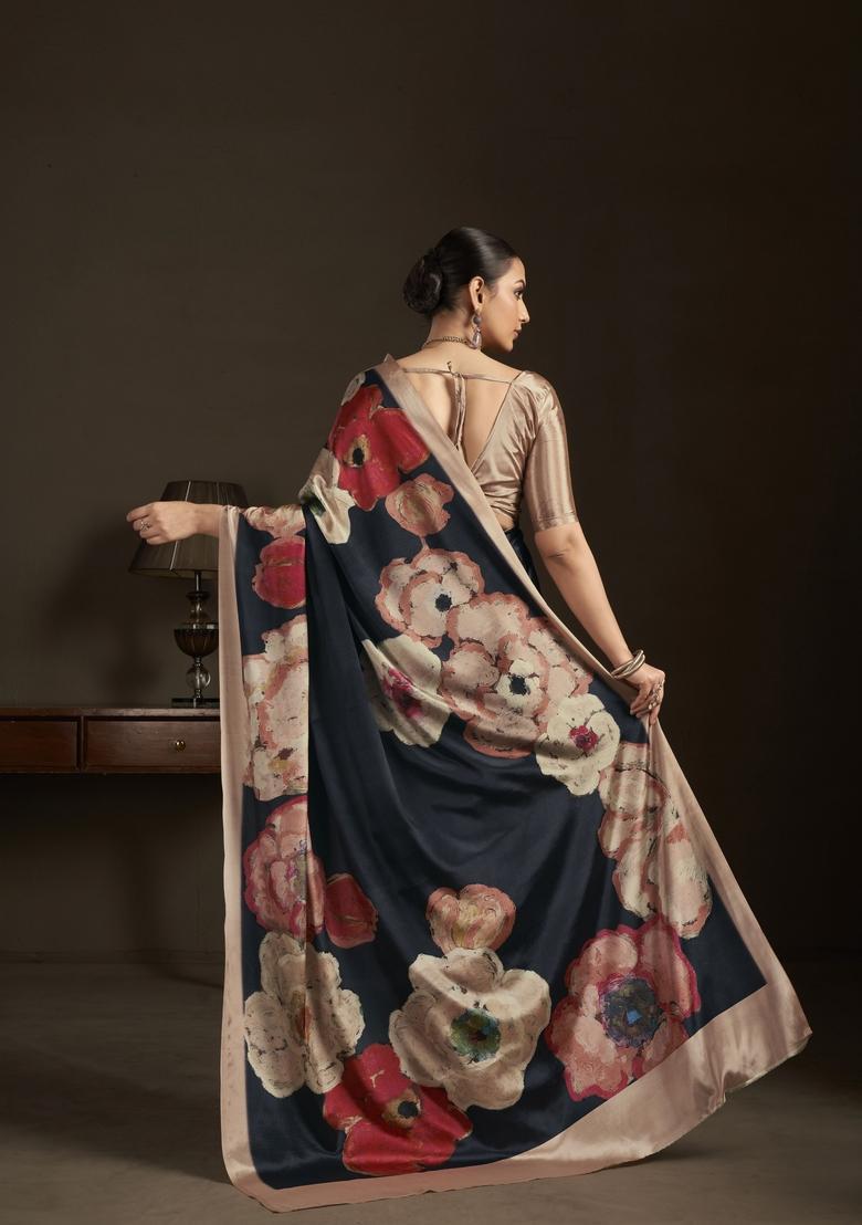 Black Printed Silk Saree Set - Indya