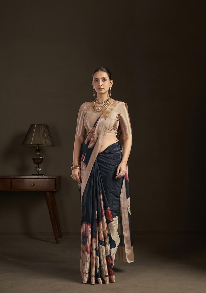 Black Printed Silk Saree Set - Indya