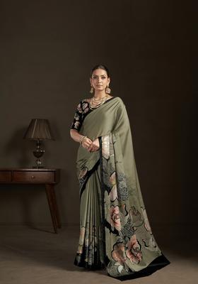 Green Printed Silk Saree Set