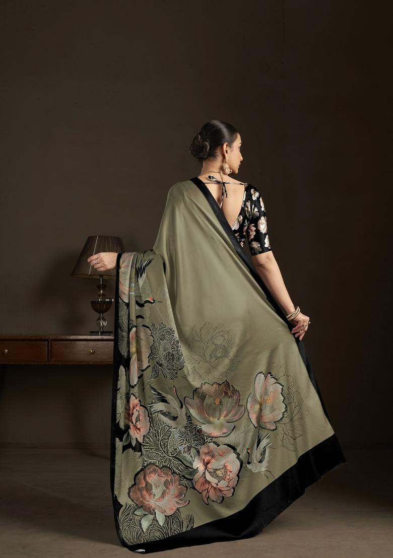 Green Printed Silk Saree Set - Indya