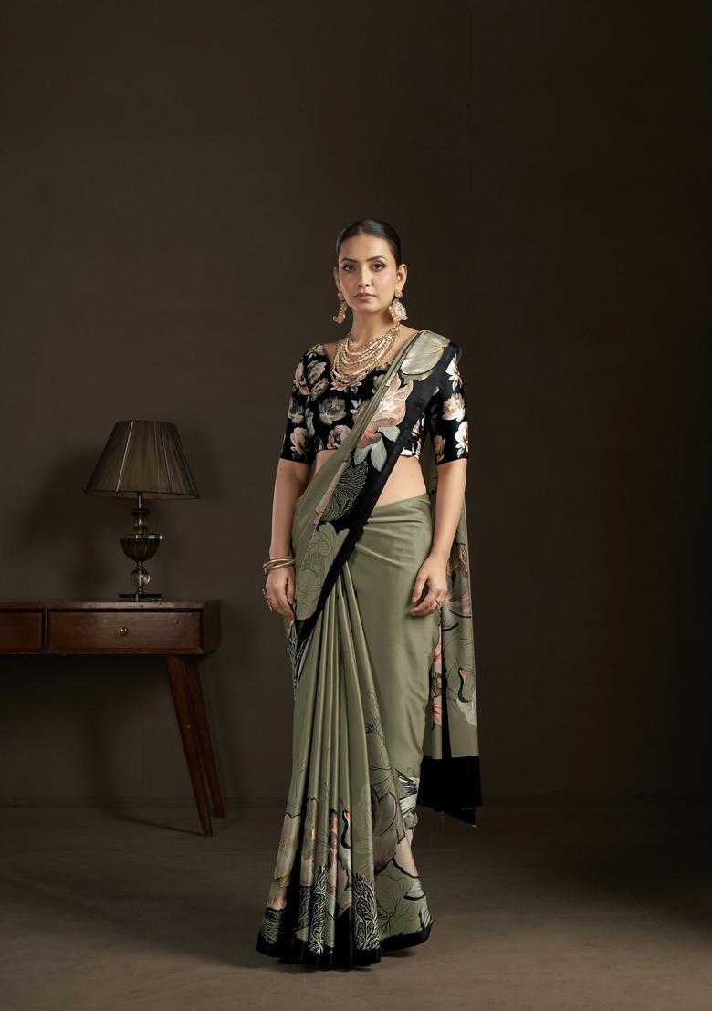 Green Printed Silk Saree Set - Indya