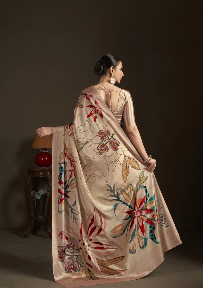Peach Printed Silk Saree Set - Indya