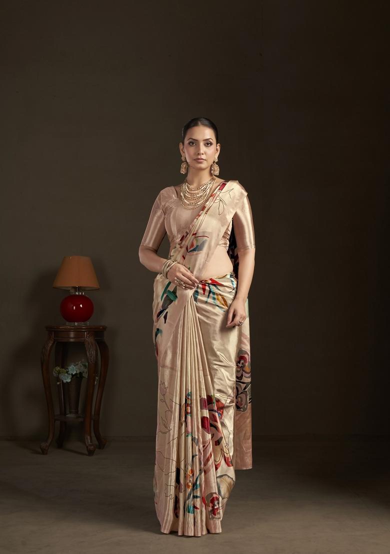 Peach Printed Silk Saree Set - Indya