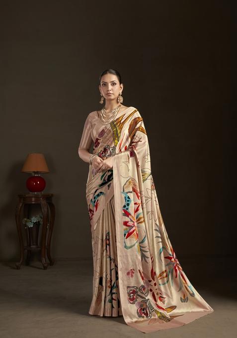 Peach Printed Silk Saree Set
