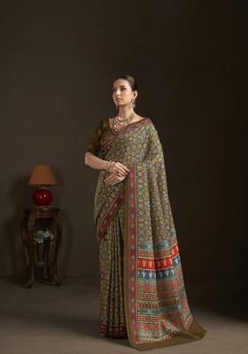 Green Printed Silk Saree Set