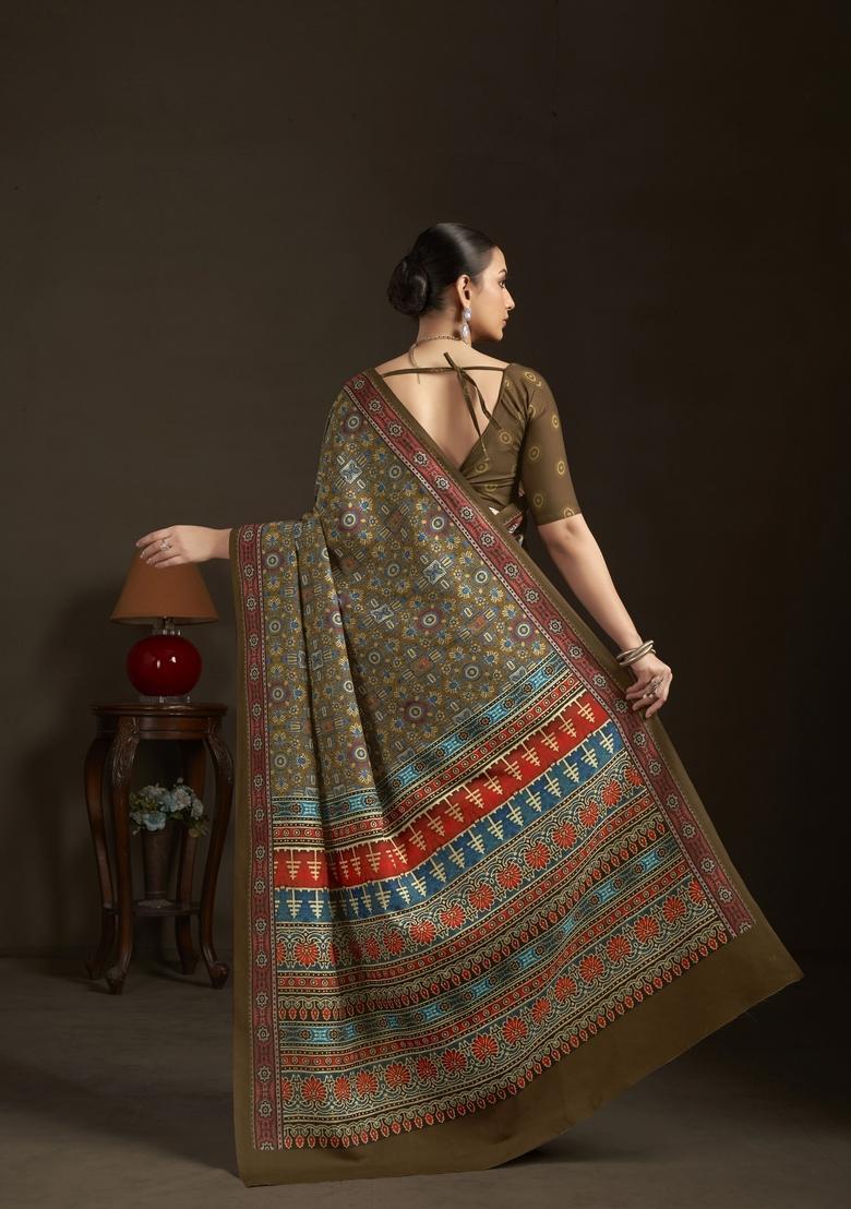 Green Printed Silk Saree Set - Indya