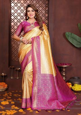 Yellow Zari Work Tissue Saree Set