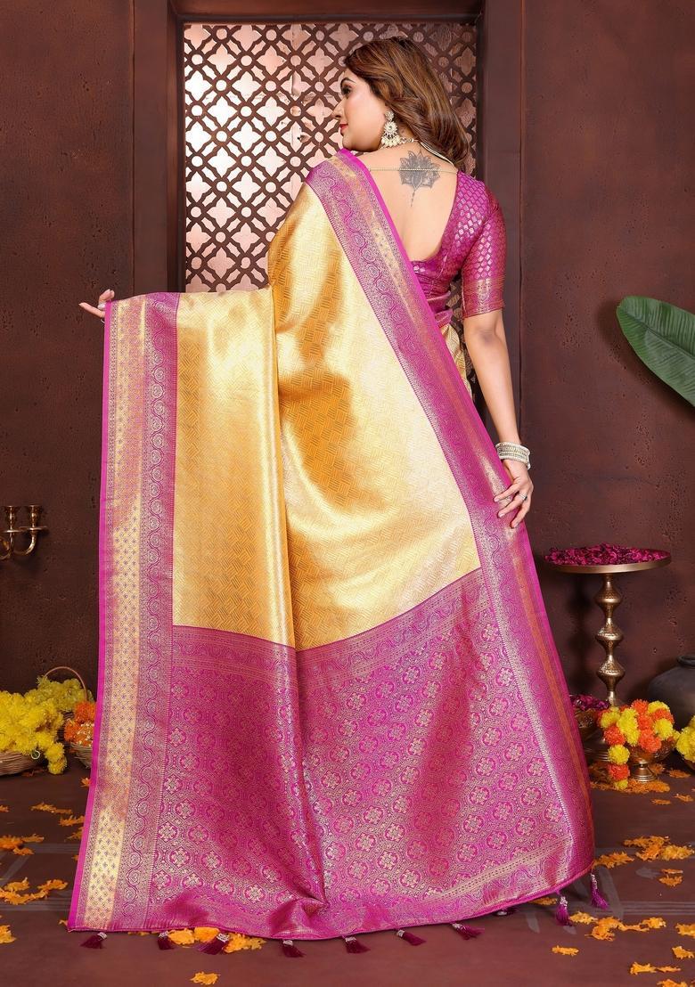 Yellow Zari Work Tissue Saree Set - Indya