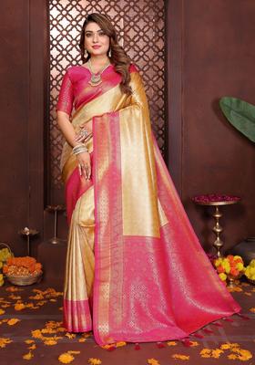 Yellow Zari Work Tissue Saree Set