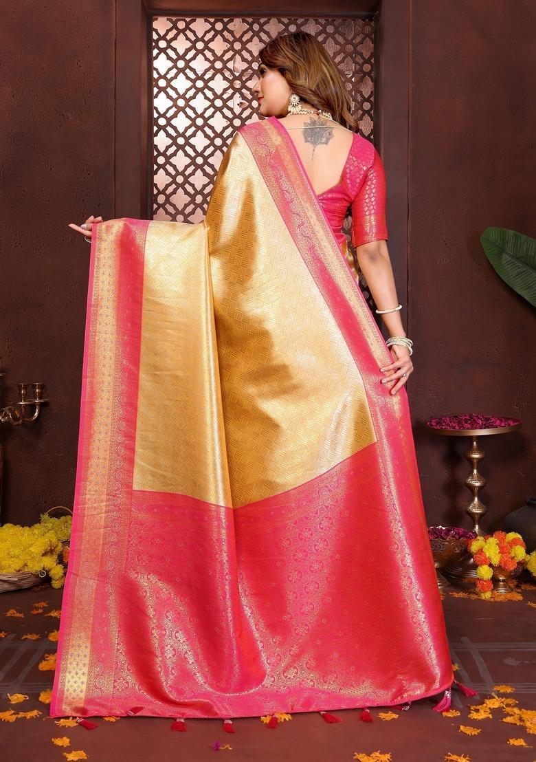 Yellow Zari Work Tissue Saree Set - Indya