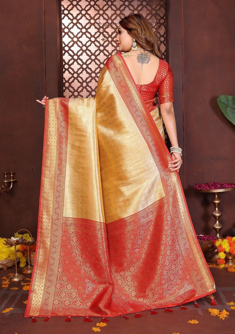 Yellow Zari Work Tissue Saree Set - Indya