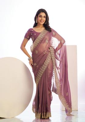 Wine Embroidery Tissue Saree Set