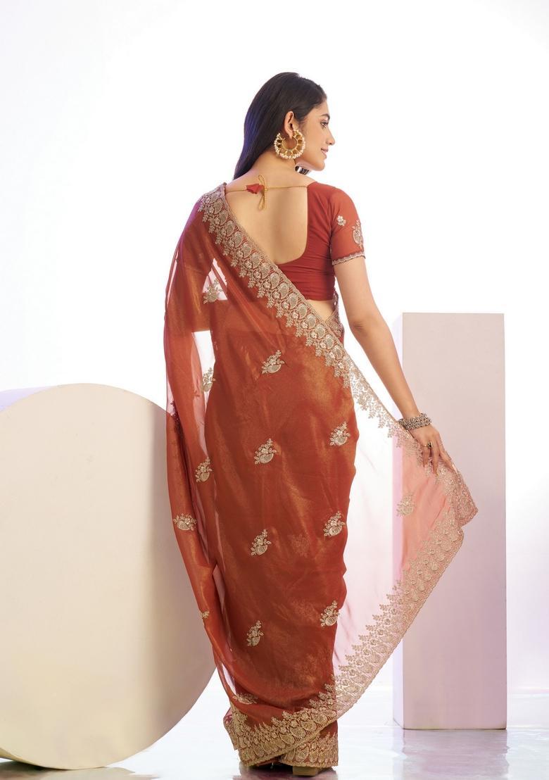 Peach Embroidery Tissue Saree Set - Indya