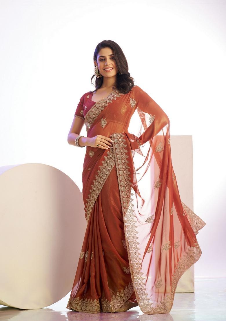 Peach Embroidery Tissue Saree Set - Indya