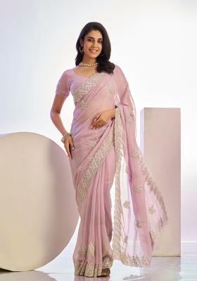 Pink Embroidery Tissue Saree Set
