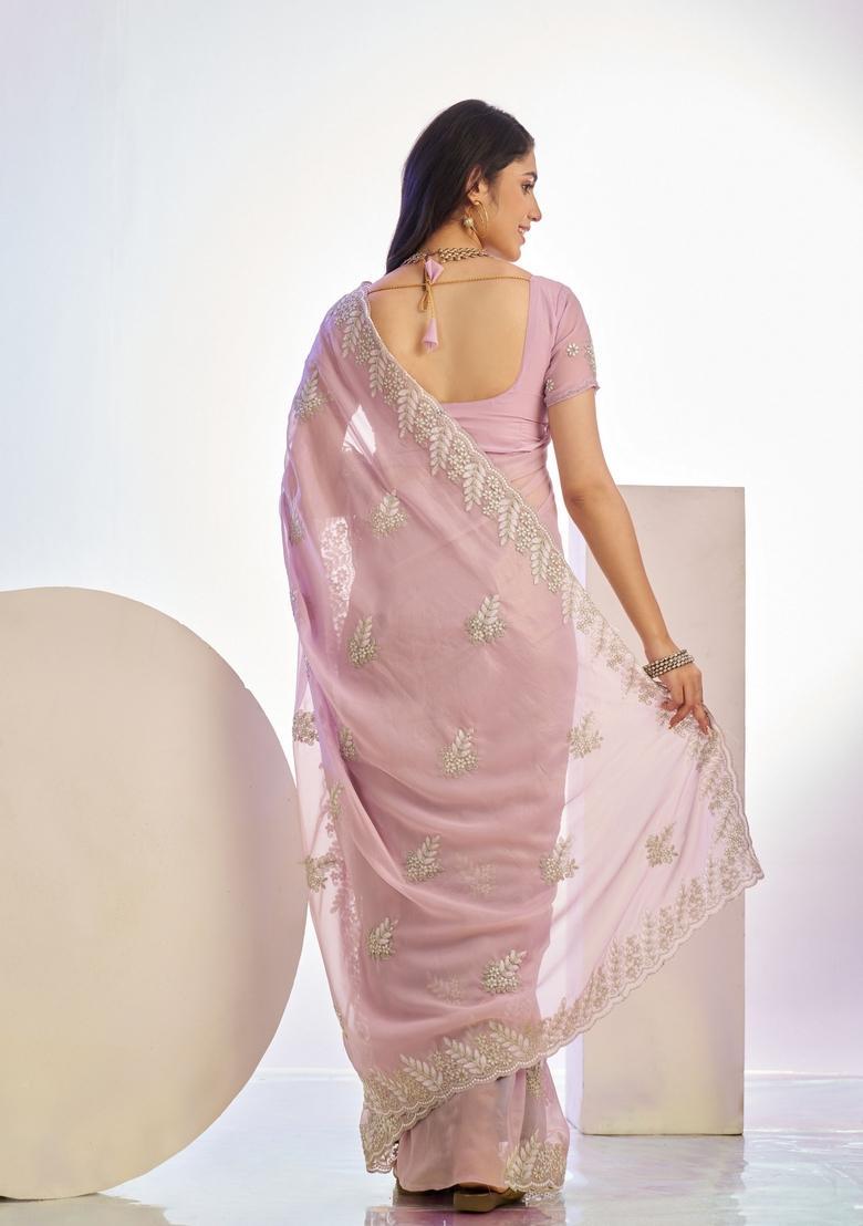 Pink Embroidery Tissue Saree Set - Indya
