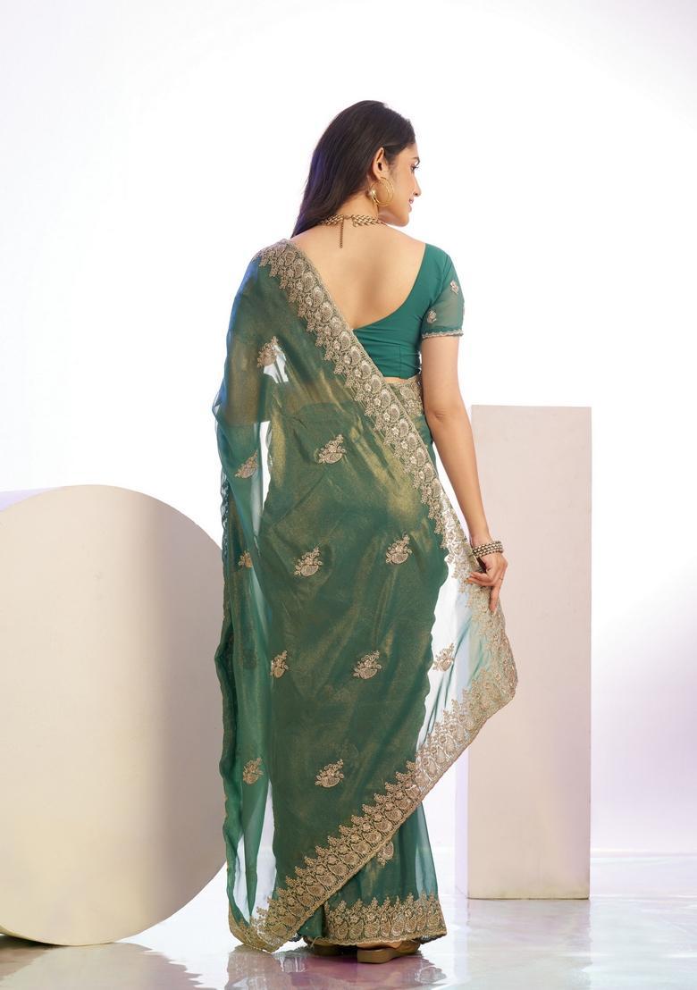 Green Embroidery Tissue Saree Set - Indya