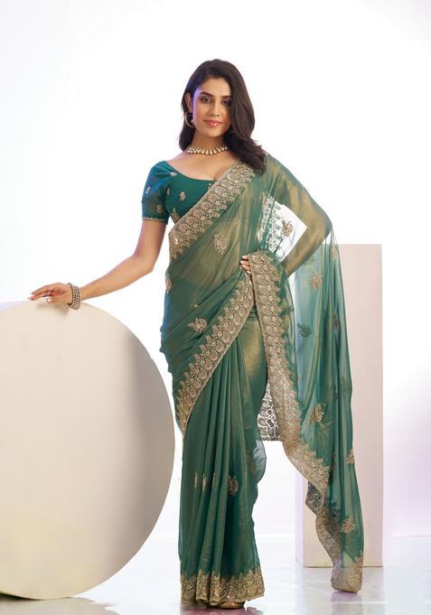 Green Embroidery Tissue Saree Set