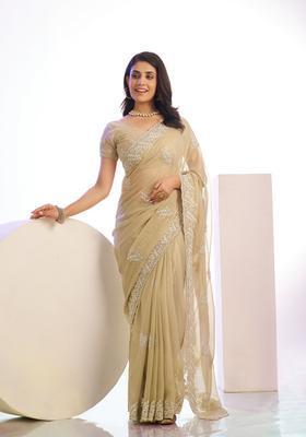 Brown Embroidery Tissue Saree Set