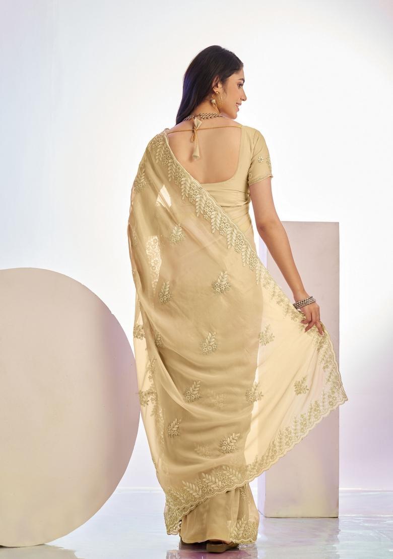 Brown Embroidery Tissue Saree Set - Indya
