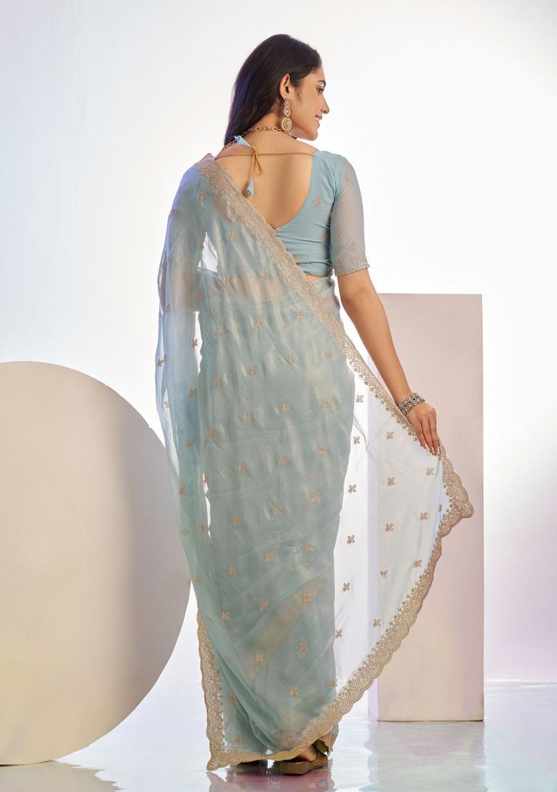 Blue Embroidery Tissue Saree Set - Indya